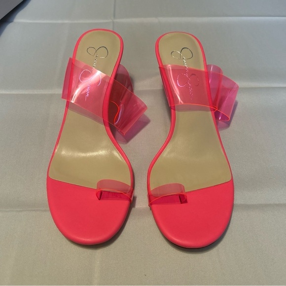 NEW Jessica Simpson Lissah 2 Neon Pink Clear Toe-Loop Slide Heel Size 8.5M - Picture 2 of 9